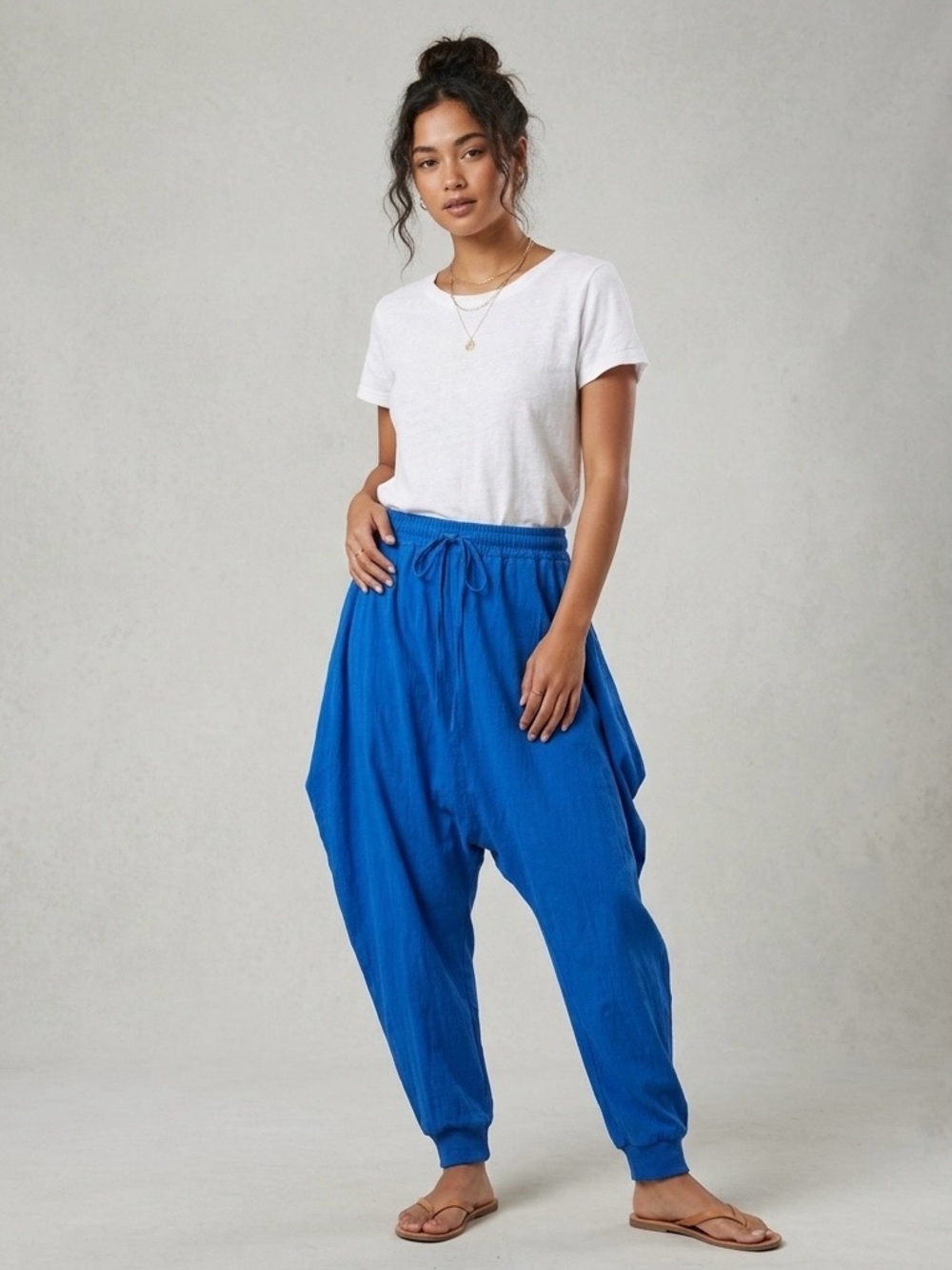 100% Cotton Harem Pants Organic Coastal Gauze Boho Wide Leg Barrel Blue M